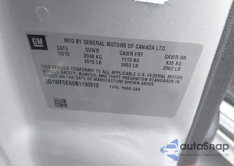 2011 Chevrolet Impala Ls из США, поврежденный, VIN 2G1WF5EK6B1196512